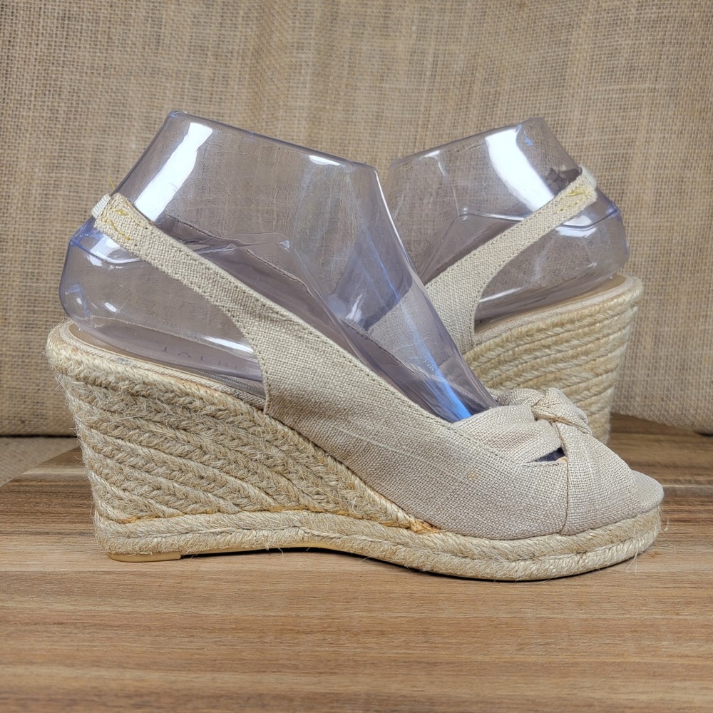 Talbots Espadrille Wedge Sandals Peep Toe Bow Slingback Jute Women's 6.5 Beige - Picture 7 of 10